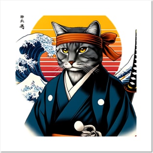 Vaporwave Samurai Cat Great Wave Off Kanagawa Posters and Art